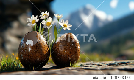 Flower Blooms Inside Cracked Egg Shells in Nature  120798378