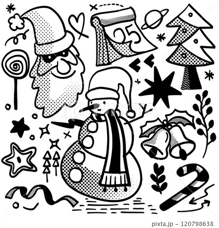 Hand Drawn Christmas Doodle Icons with Halftone Effect Isolated on White Background Hand Drawn Christmas Doodle Icons with Halftone Effect Isolated on White Background 120798638