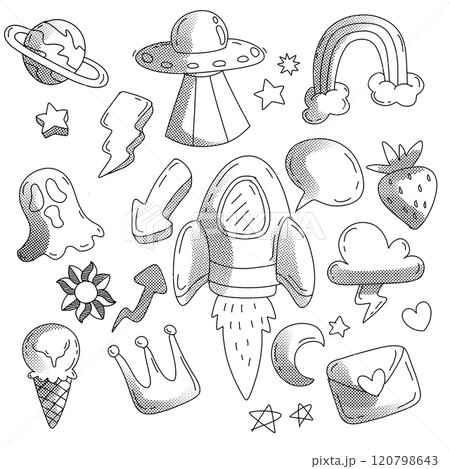 Space and Fantasy Doodle Set with Halftone Effect 120798643