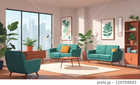 Modern living room with turquoise sofas, wooden coffee table Modern living room with turquoise sofas, wooden coffee table 120798683