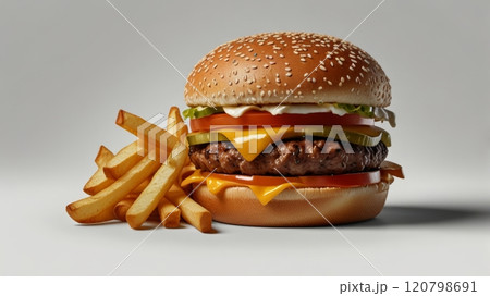 A delicious cheeseburger with a sesame seed bun, layers of lettuce, tomato, pickles, cheese, and a side of golden fries, perfect for a satisfying meal. 120798691