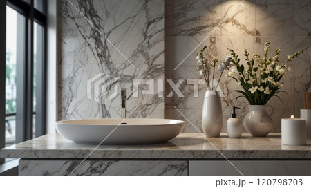 Luxurious bathroom with elegant marble walls, stylish white bowl sink and exquisite floral decorations creates a calm and sophisticated atmosphere for relaxation 120798703