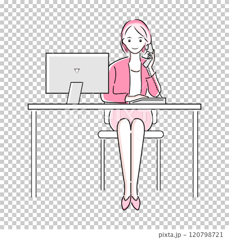 オフィスのデスクで電話をするビジネスウーマンのイラスト オフィスのデスクで電話をするビジネスウーマンのイラスト 120798721