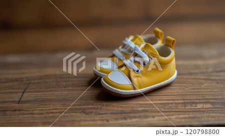 Cute yellow baby shoes with white accents and laces, on a wooden surface Cute yellow baby shoes with white accents and laces, on a wooden surface 120798800