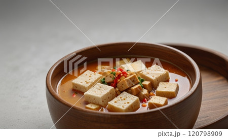 A flavorful soup featuring soft tofu cubes in a rich, spicy broth, garnished with chilies and herbs for a comforting and satisfying dish. 120798909