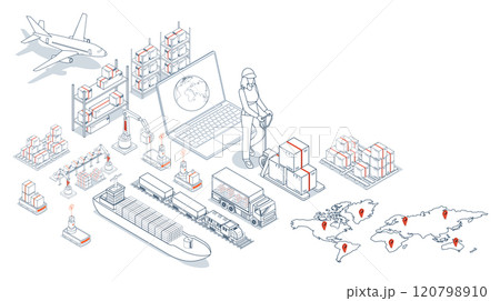 Logistics and delivery bridge the supply chain, managing goods from source to customer. It efficiently handles inventory, warehousing, transportation, and order fulfillment. Vector illustration eps10 Logistics and delivery bridge the supply chain, managing goods from source to customer. It efficiently handles inventory, warehousing, transportation, and order fulfillment. Vector illustration eps10 120798910