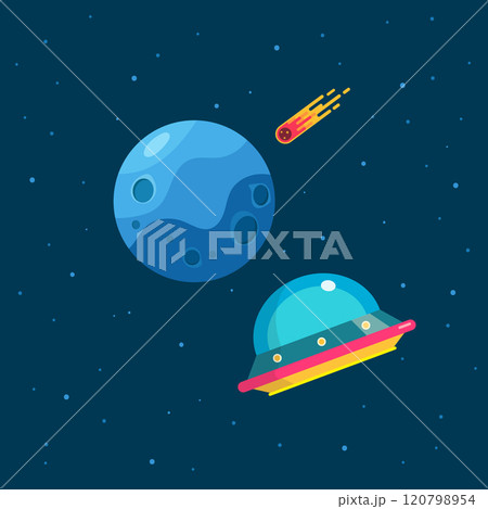 UFO escape from blue planet. Meteor impact on blue planet. UFO escape from blue planet. Meteor impact on blue planet. 120798954