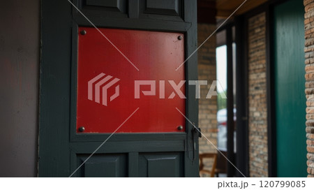 A close-up of a green wooden door featuring a red panel, highlighting its rustic charm and sturdy design, set against a backdrop of a brick wall and another green door 120799085