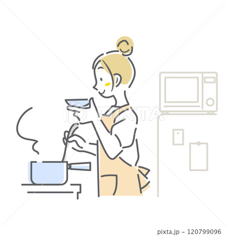 料理中に味見をする女性 シンプルでお洒落な線画イラスト 料理中に味見をする女性 シンプルでお洒落な線画イラスト 120799096