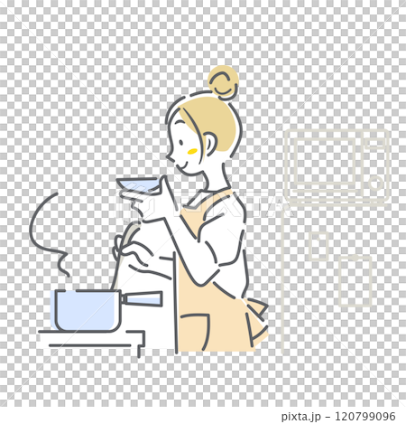 一個女人一邊做飯一邊品嚐食物 — 簡單而時尚的線條畫插圖 一個女人一邊做飯一邊品嚐食物 — 簡單而時尚的線條畫插圖 120799096