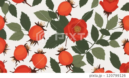 Floral pattern with red roses and bright orange rose hips with juicy green leaves on soft cream background. Design for card, cover, poster, wallpaper, packaging. 120799126