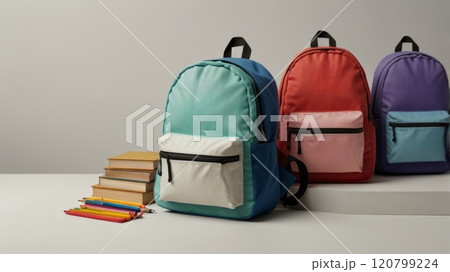 A trio of colorful backpacks in teal, red, and purple, alongside stacked books and colored pencils, creating a vibrant back-to-school atmosphere on a clean surface 120799224