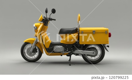 A bright yellow motorcycle with a side cargo compartment stands against a neutral gray background, showing off its unique design and practicality for delivery and urban transportation 120799225