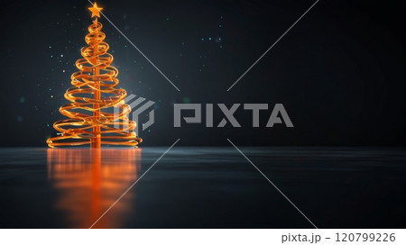 A glowing orange spiral Christmas tree with a star on top stands elegantly against a dark background, softly shimmering to evoke a festive and joyful holiday mood 120799226