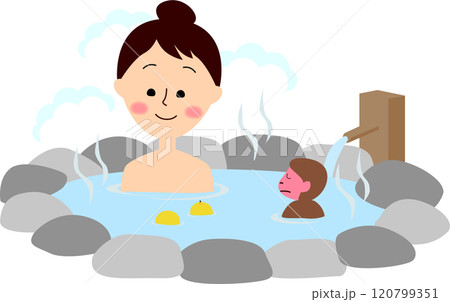 露天風呂の温泉に入る女性とサル 120799351