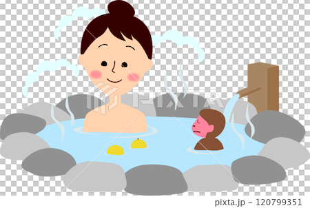 露天風呂の温泉に入る女性とサル 120799351