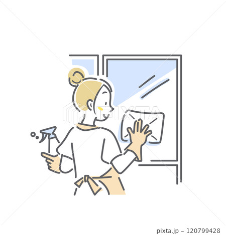 窓の拭き掃除をする女性　シンプルでお洒落な線画イラスト 120799428