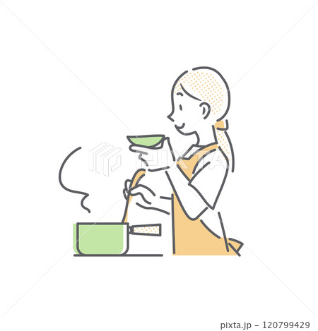料理中に味見をする女性　シンプルでお洒落な線画イラスト 120799429
