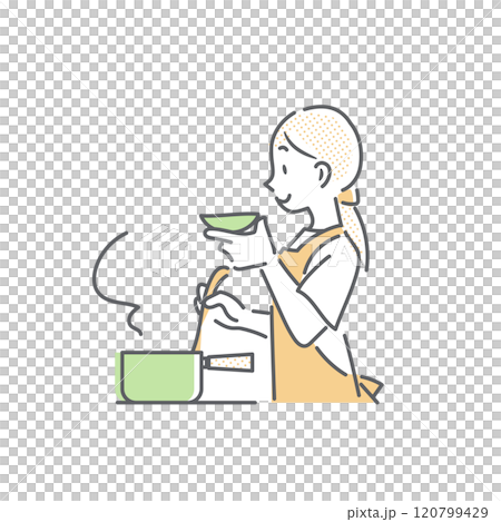 料理中に味見をする女性　シンプルでお洒落な線画イラスト 120799429
