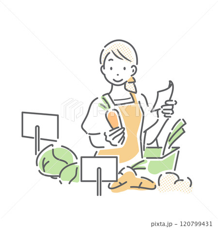 食料品の買い物をする女性　シンプルでお洒落な線画イラスト 120799431