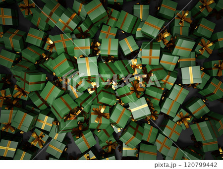 Green gift boxes with golden ribbons falling on dark background 120799442
