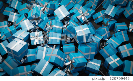 Many christmas gift boxes with silver ribbon falling on black background 120799443