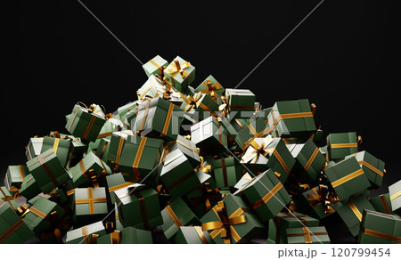 Pile of green gift boxes with gold ribbons forming a christmas heap on black background 120799454