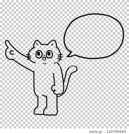 一隻滑稽的貓指向和語音氣泡的線條畫 一隻滑稽的貓指向和語音氣泡的線條畫 120799489