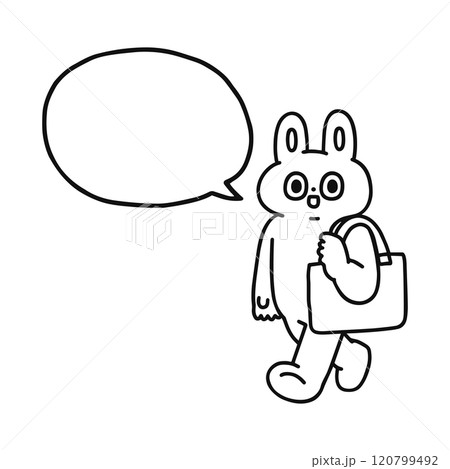 お出かけするゆかいなウサギと吹き出し　線画 120799492