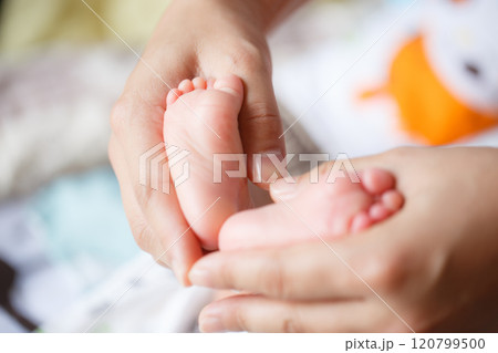 A gentle touch cradles tiny baby feet, symbolizing love and care in nurturing moment. This heartwarming scene captures essence of parenthood and tenderness A gentle touch cradles tiny baby feet, symbolizing love and care in nurturing moment. This heartwarming scene captures essence of parenthood and tenderness 120799500