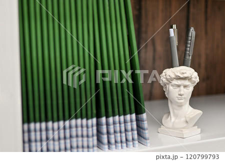 photo books or photo albums and Michelangelo's David head pen holder. 120799793