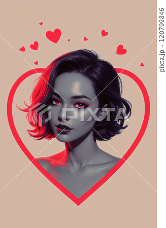 ピンクのハートの枠の中にいるピンクのアイシャドウと目をした女性と小さなハート「AI生成画像」 ピンクのハートの枠の中にいるピンクのアイシャドウと目をした女性と小さなハート「AI生成画像」 120799846