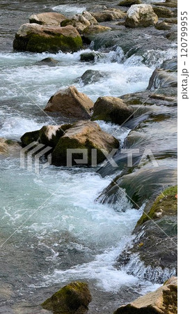 Serene River Mangfall Flowing Over Moss-Covered Rocks in a Tranquil Setting Serene River Mangfall Flowing Over Moss-Covered Rocks in a Tranquil Setting 120799955