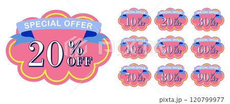 Sale tags set vector badges template, up to 10, 20, 30, 40, 50, 60, 70, 80, 90 percent off, vector illustration isolated on white background. Price off tag icon flat design collection set. Up to 120799977