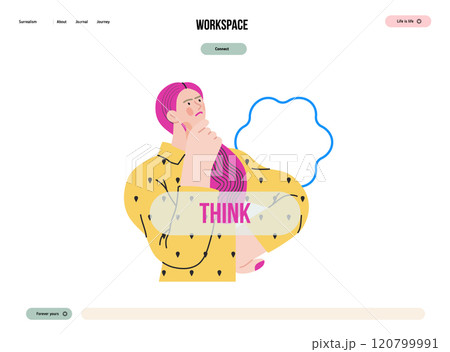 Thinking people, modern flat vector concept illustration- woman standing thoughtfully, looking upwards, bubble near head Metaphor for reflection, analysis, introspection, contemplation, deep thought 120799991