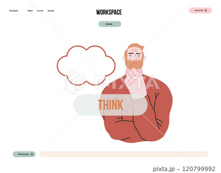 Thinking people, modern flat vector concept illustration- man standing thoughtfully, looking forward, bubble near his head Metaphor for reflection, analysis, introspection, contemplation, deep thought 120799992