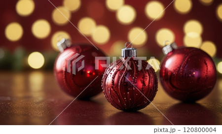 Three red Christmas ornaments sparkle against a blurred bokeh background, evoking the festive spirit of the holiday season 120800004