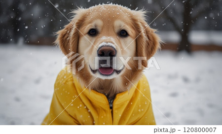 A cheerful golden retriever wearing a bright yellow jacket stands in the snow, his muzzle covered in snowflakes, radiating joy and warmth against a winter landscape. 120800007