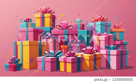 A collection of gift boxes stacked together, decorated with colorful ribbons and playful patterns. 120800008