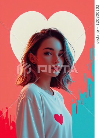 白い大きなハートとピンクのハートがプリントされた白いTシャツを着た女性「AI生成画像」 120800102