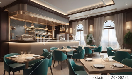 ホテルのレストランのイラスト、室内パース ホテルのレストランのイラスト、室内パース 120800256