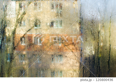 view through the wet window glass 120800436
