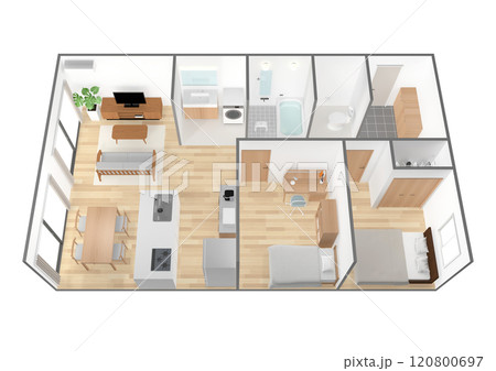 住宅の間取り断面　鳥瞰パース 120800697