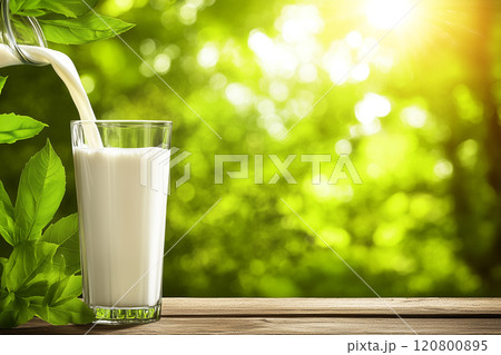 Fresh Milk Poured into a Clear Glass on a Wooden Table Surrounded by Green Leaves in a Sunlit Outdoor Setting 120800895