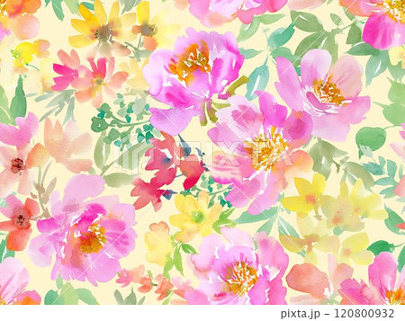彩で描いた抽象的なピンクの野バラと草花のシームレスパターン 120800932