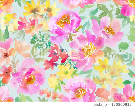 彩で描いた抽象的なピンクの野バラと草花のシームレスパターン 120800933