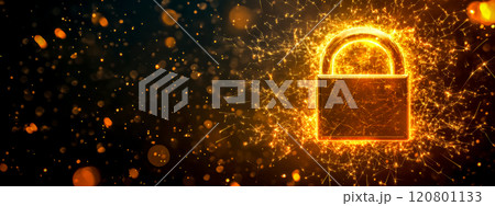 Golden padlock shining with digital sparks ensuring cybersecurity 120801133