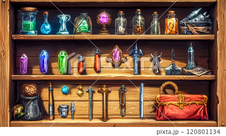 Alchemist's organized inventory displaying potions, crystals, and tools 120801134