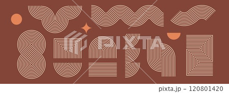 Boho line element set. Brown wave, zigzag and arch form design. Mid century curves and arcs collection. Bohemian decorative ornamental shape bundle for badge, icon, poster, banner, template. Vector 120801420