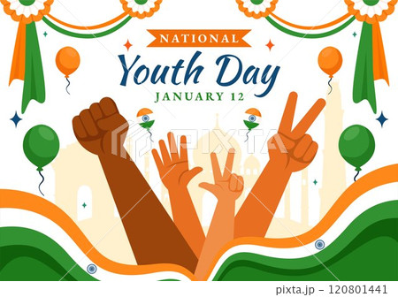 Happy International Youth Day in India Vector Illustration Celebrating 12 January with an Indian Waving Flag in a Flat Style Cartoon Background 120801441